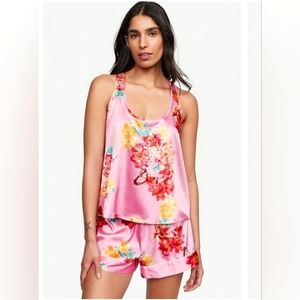 NEW Victoria's Secret Pink Floral Satin Racerback Cami Shorts PJ Set L XL